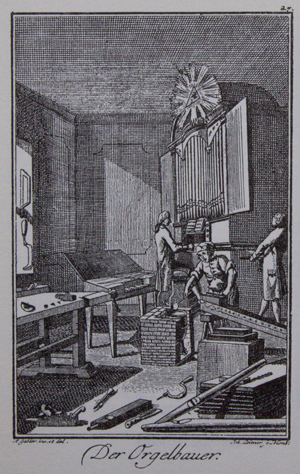 Der Orgelbauer, Kupferstich von Johann Sebald Leitner nach Ambrosius Gabler, Nürnberg um 1790