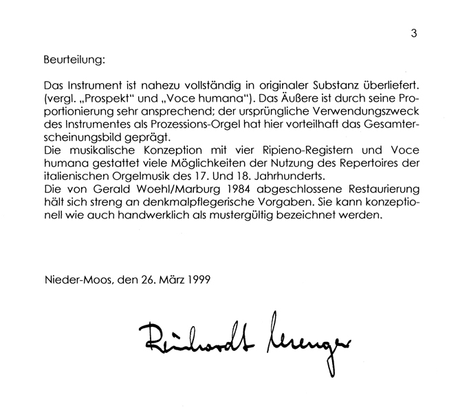 Zusammenfassung aus dem Orgelgutachten zur Traeri-Prozessionsorgel von Prof. Reinhardt Menger