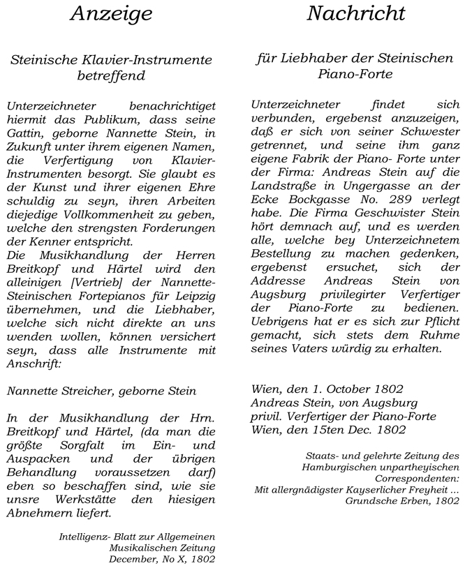 Anzeige der Trennung Nannette Streichers von ihrem Bruder und vormaligem Geschäftspartner Andreas Matthäus Stein